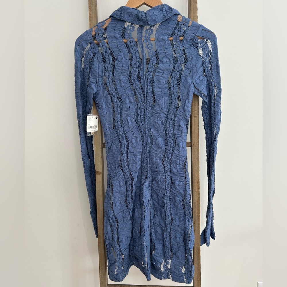 Free People Shayla Lace Slip Mini Dress Long Sleeve Denim Gray Size XS NWT Boho - Picture 4 of 10